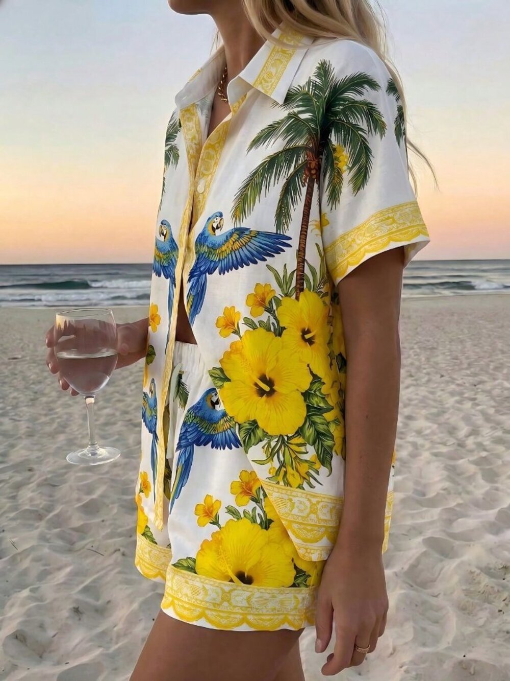 Light Yellow Boho Women's Coconut Floral Print Top and Shorts Set - Picture 3 of 5